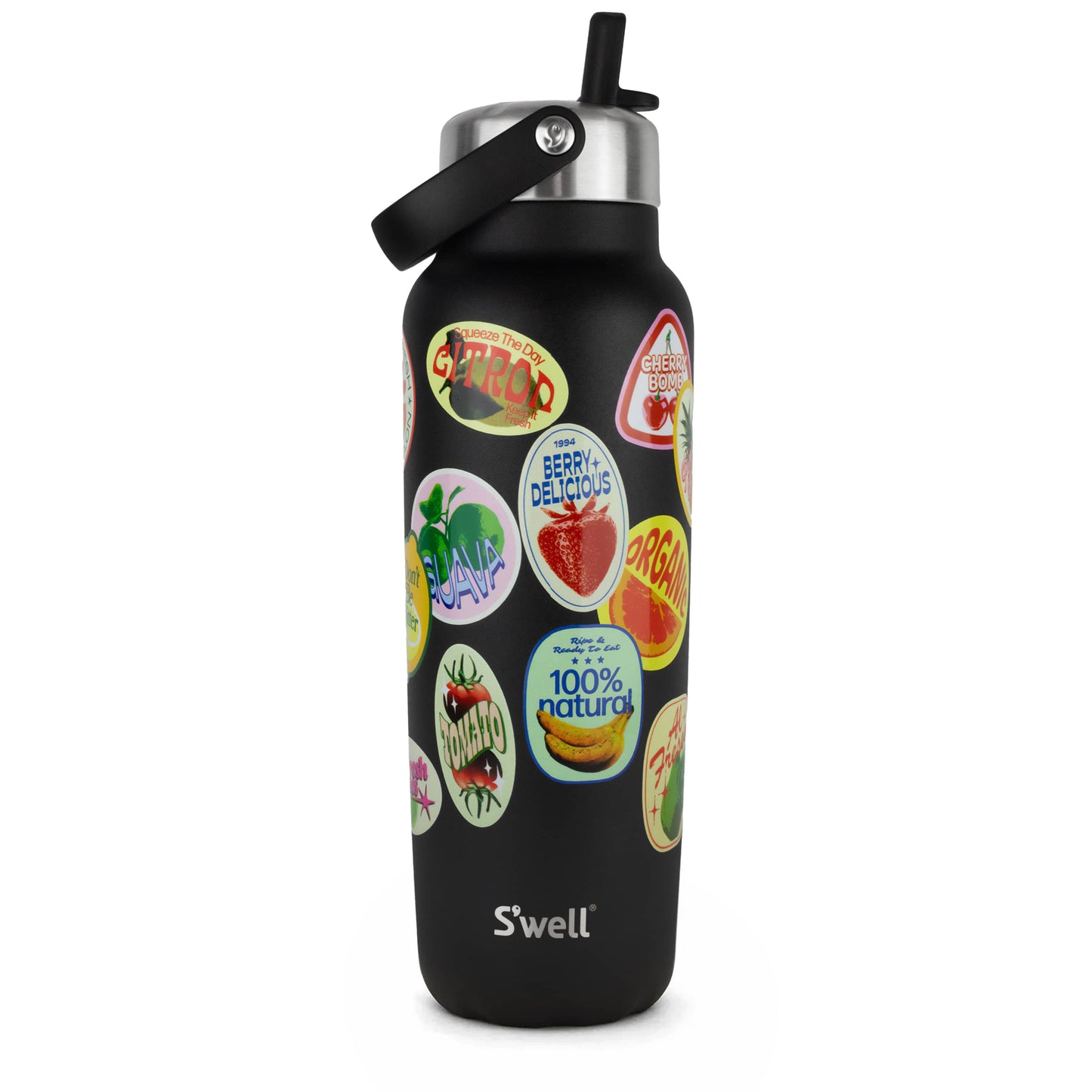 explorer-with-flip-straw-lid-40oz-l8 01_Swell_Fruit_Stand_Stamp_Pattern_Onyx_Black_Front.jpg